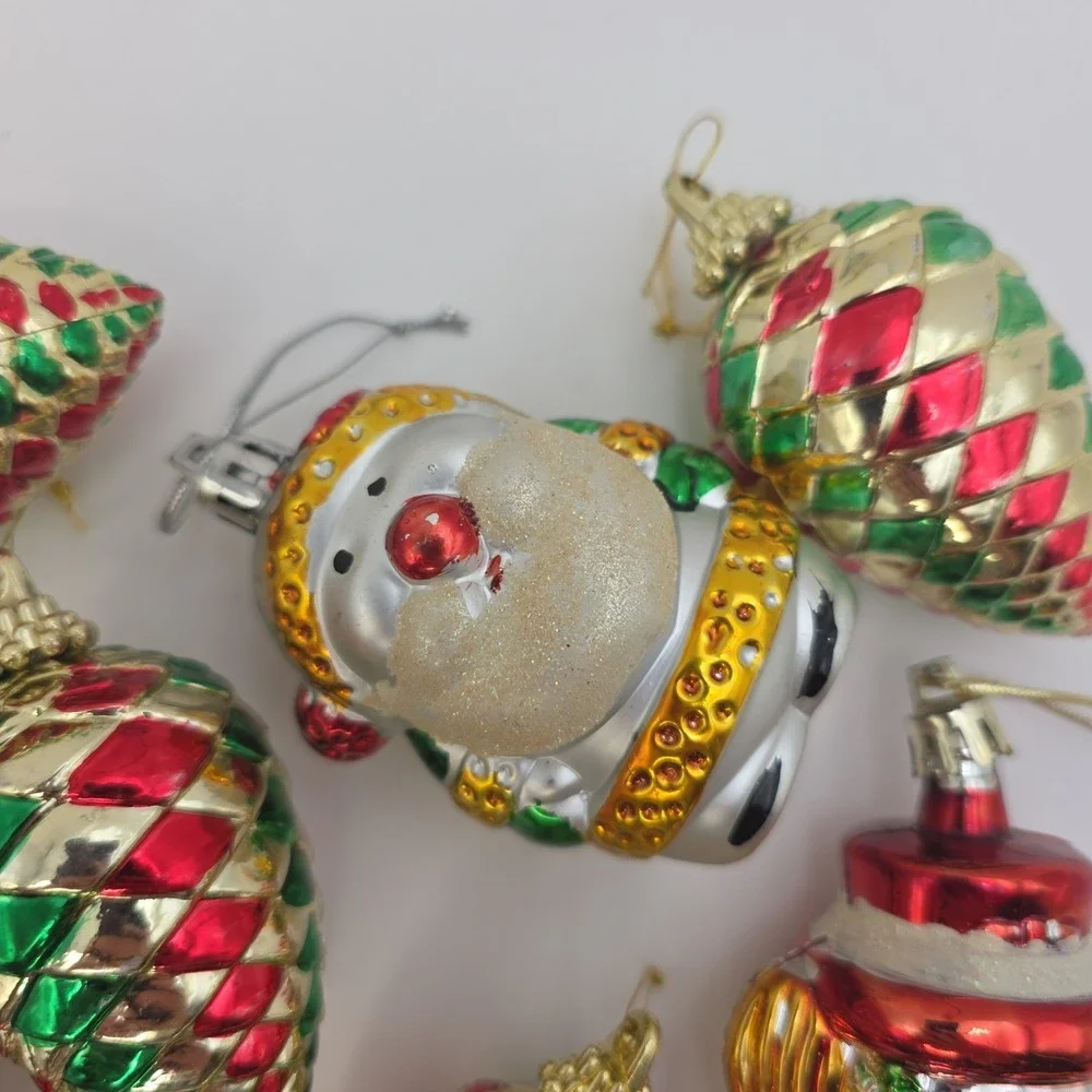 VTG Christmas Ornaments Lot 7Santa Snowman Pine Cone Red Green Gold Holiday
